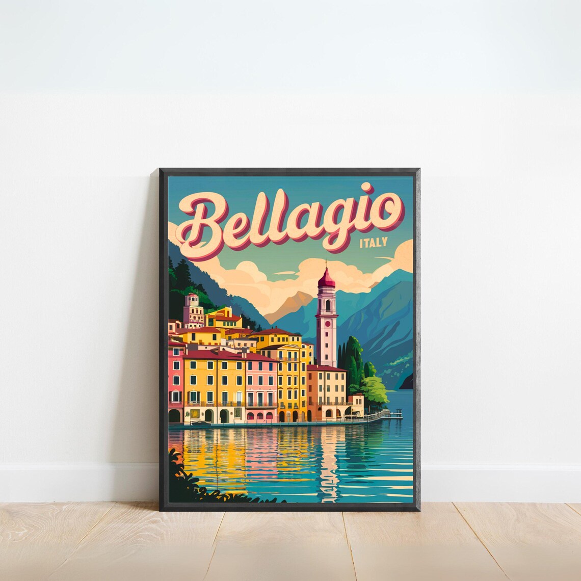 Bellagio Italy Lake Town Bell Tower Waterfront Vintage Travel Poster