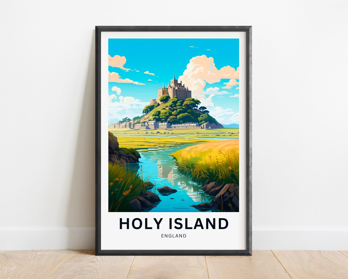 Holy Island England Lindisfarne Castle Hill Travel Art Poster