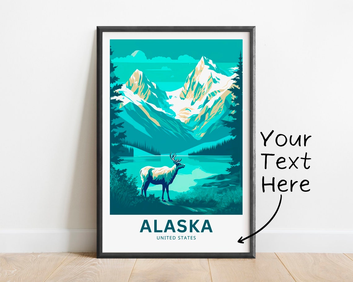 Personalized Alaska Elk Mountain Lake Illustrated Travel Poster