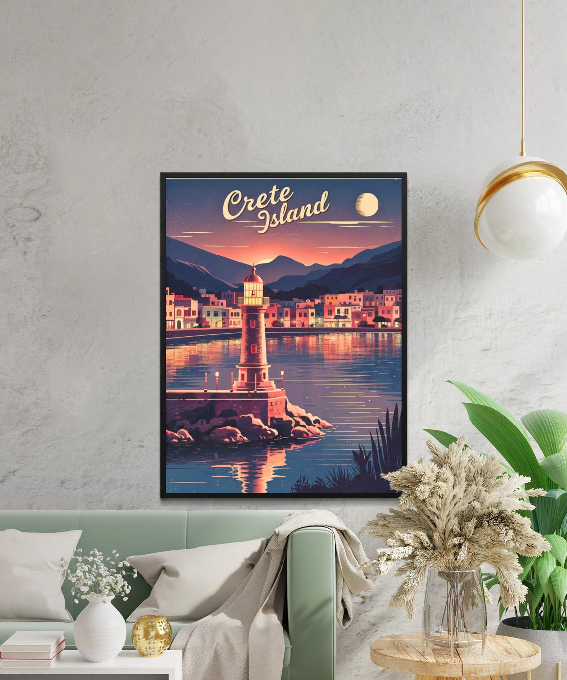 Crete Island Greece Moonlit Harbor Lighthouse Night Dreamy Poster - Image 3