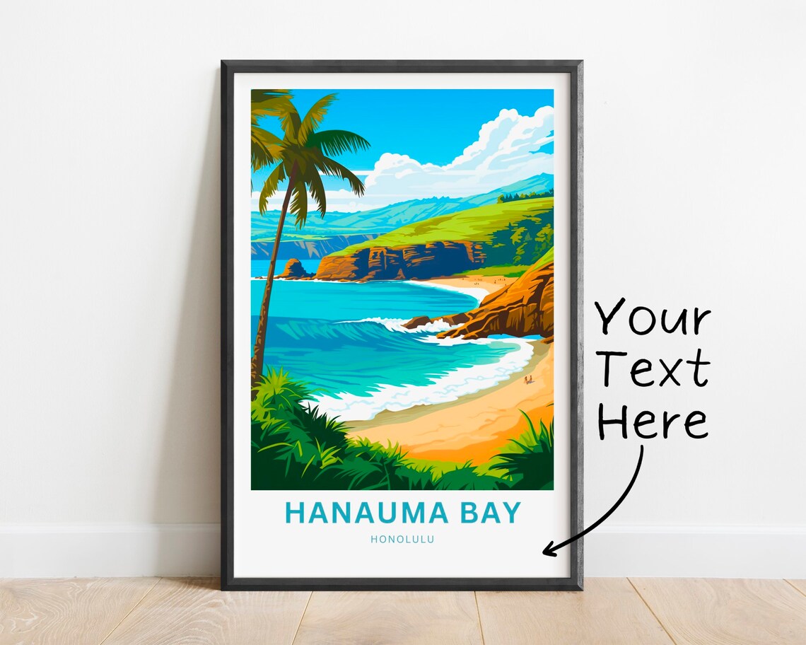 Hanauma Bay Honolulu Beach Cove Palms Personalized Travel Poster