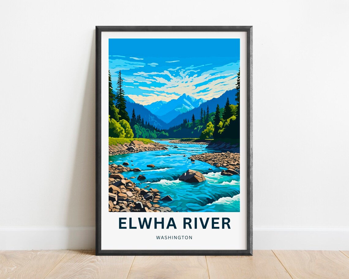 Elwha River Washington Whitewater Rapids Rocks Peaks Travel Poster