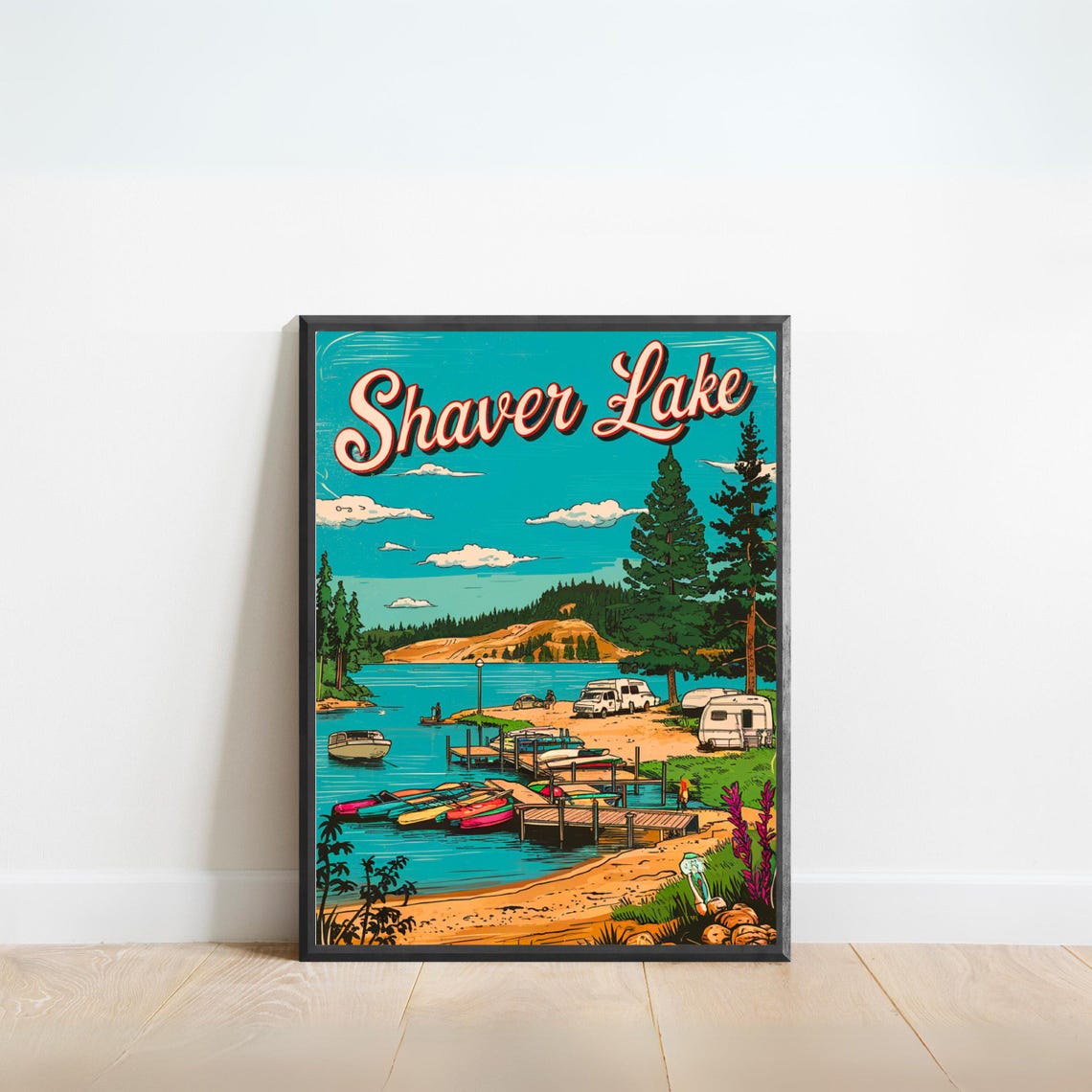Shaver Lake Retro Script Campground Canoes Marina Scene Poster