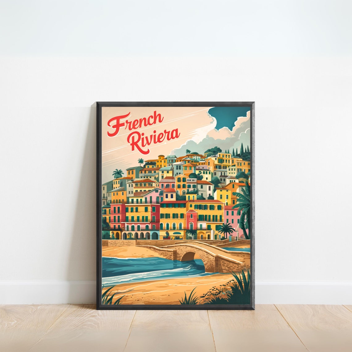 French Riviera Colorful Hillside Village Stone Bridge Travel Poster