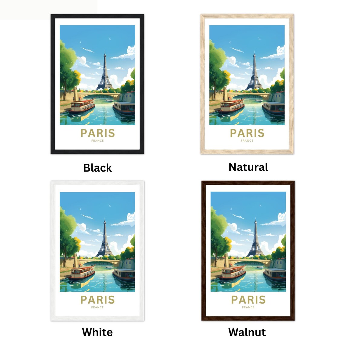 Paris Eiffel Tower Seine River Boats France Vintage Travel Poster - Image 2