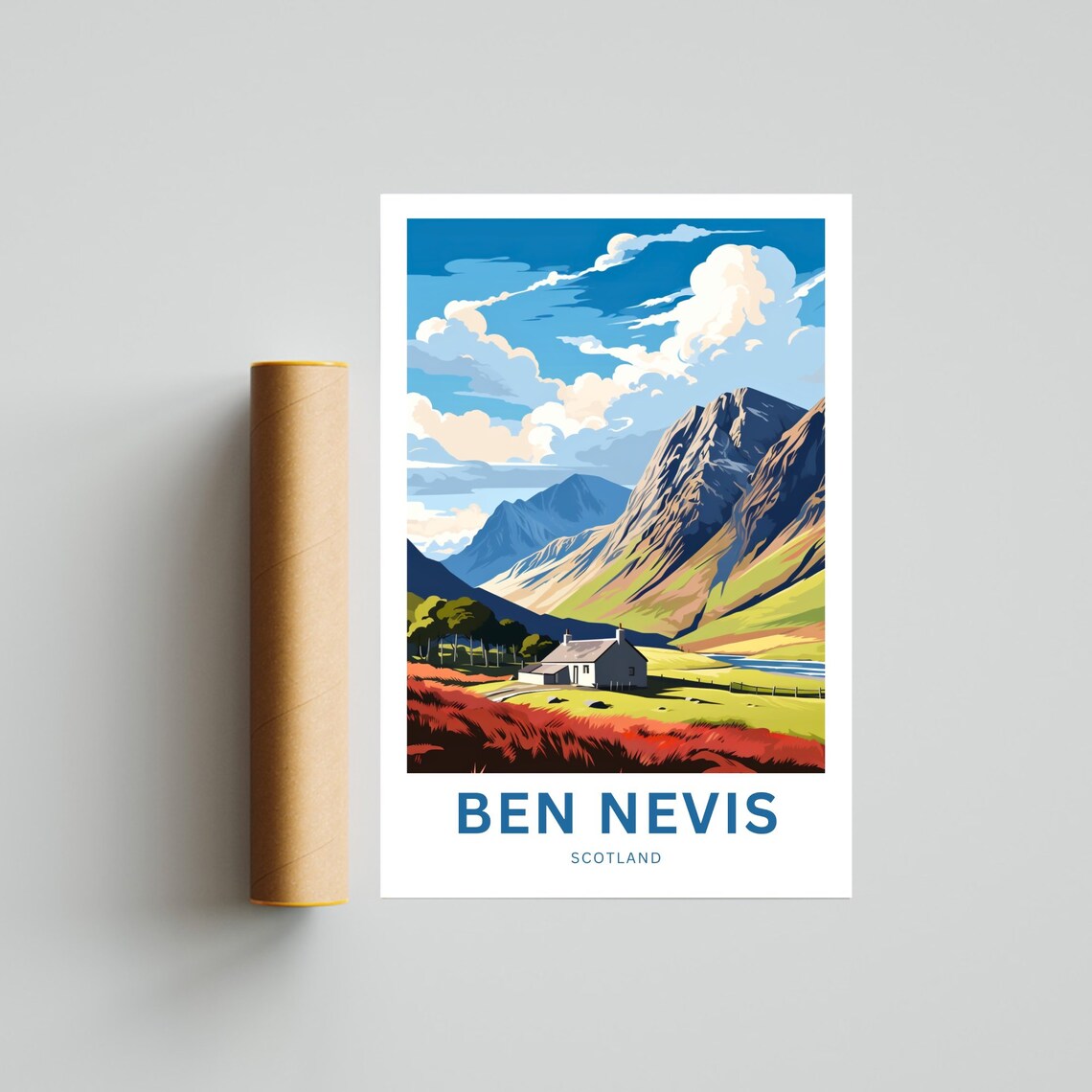 Ben Nevis Scotland Valley Cottage Mountain Trail Scene Poster - Image 4