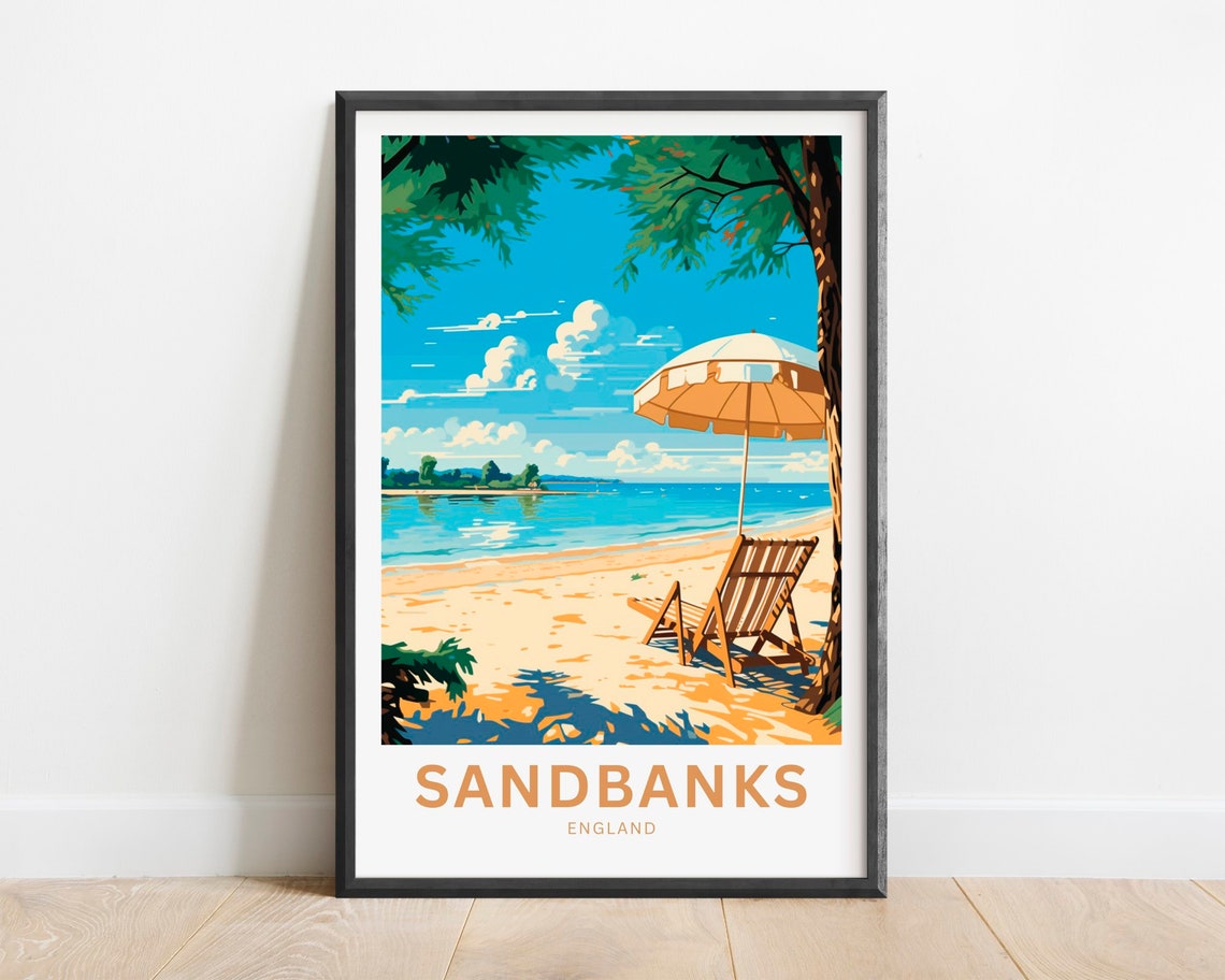Sandbanks England Sunny Beach Deckchair Parasol Seaside Travel Poster