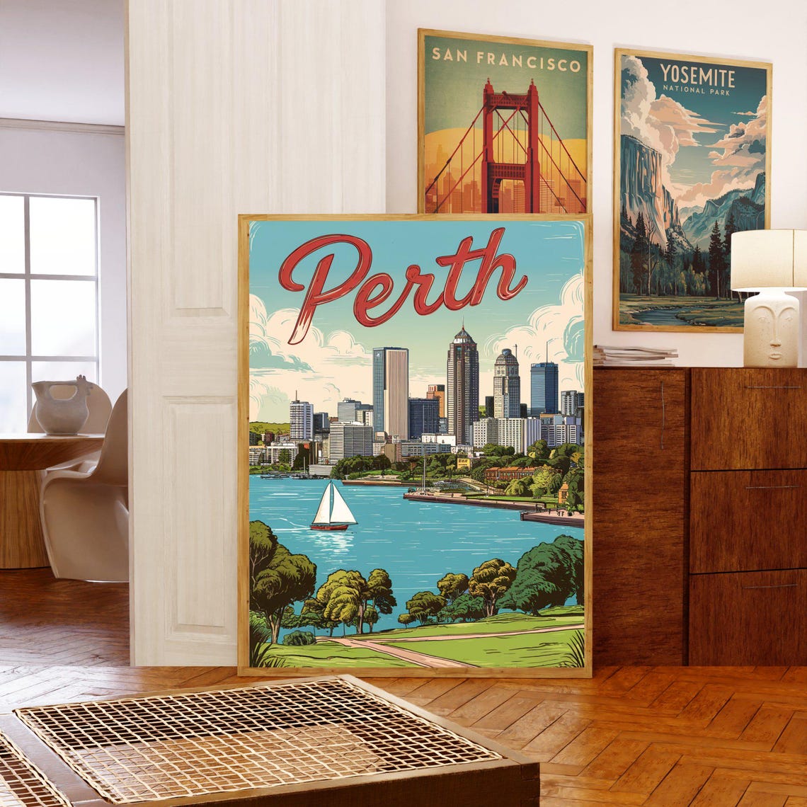 Perth Australia Vintage Skyline Sailboat Swan River Travel Poster - Image 5