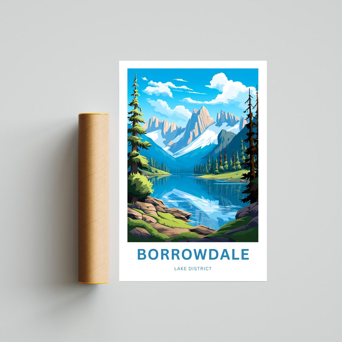 Borrowdale Lake District Snow Glacial Mirror Lake Travel Poster - Image 4