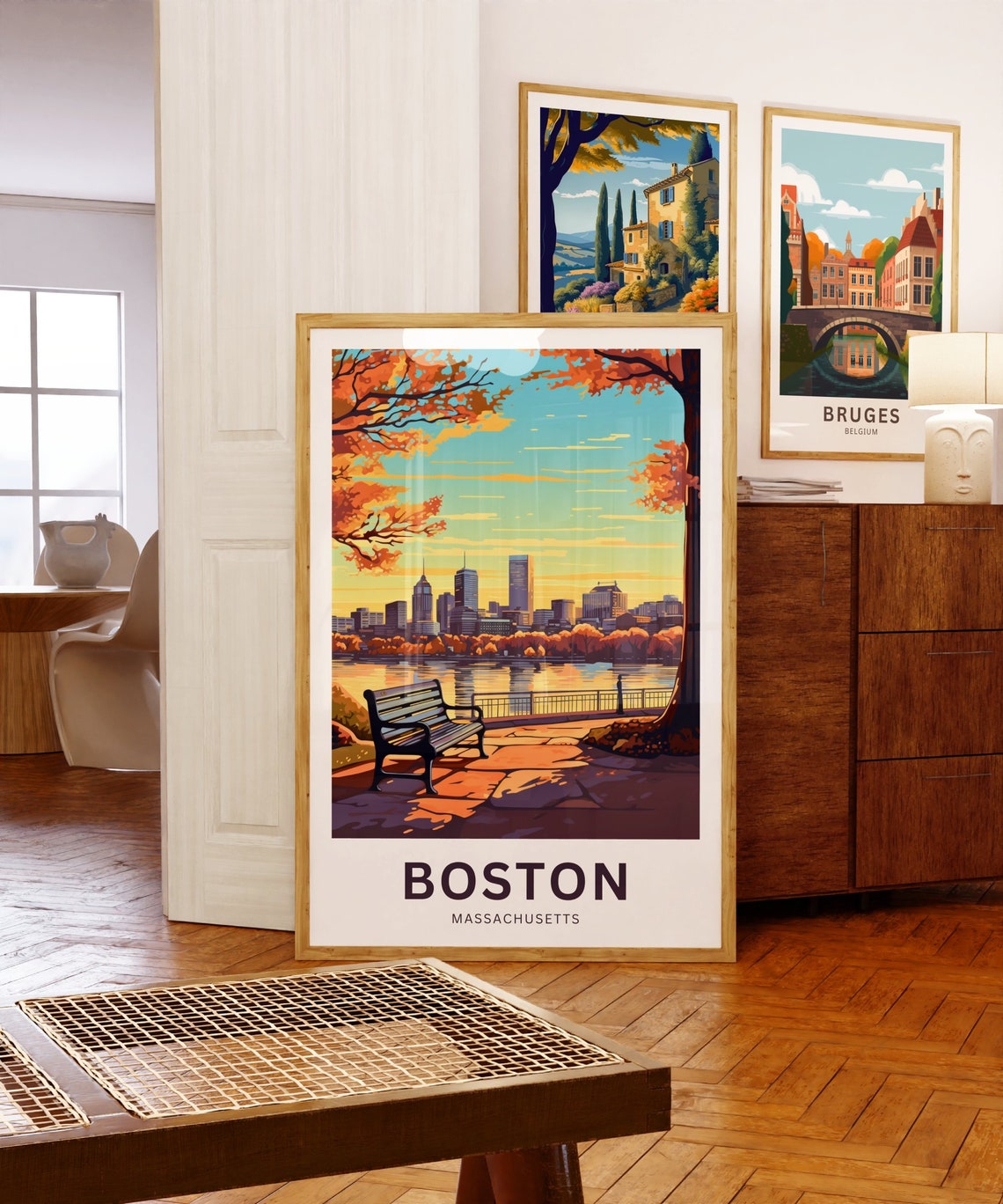 Boston Massachusetts Autumn Sunset Skyline Bench Travel Poster - Image 5