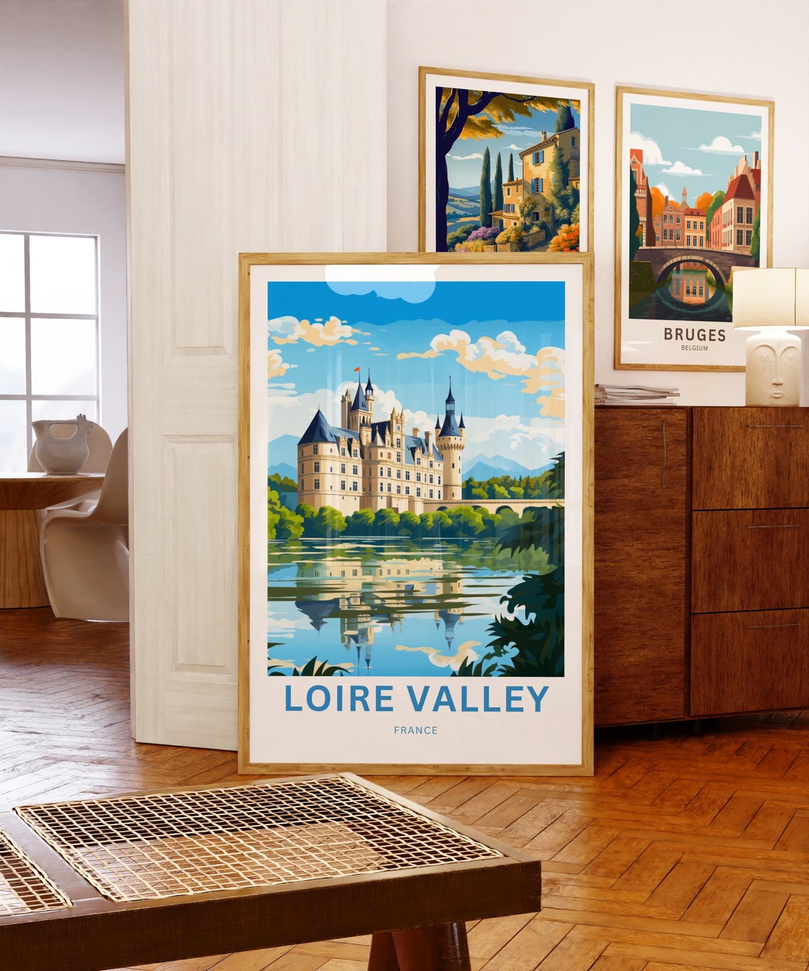 Loire Valley France Chateau Lakeside Reflection Castle Travel Poster - Image 5