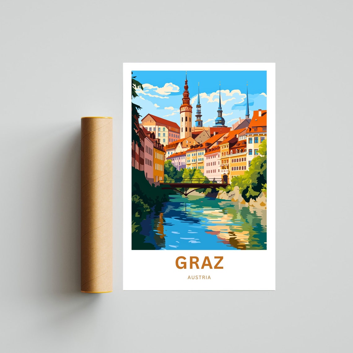 Graz Austria Riverfront Historic Buildings Bridge Custom Poster - Image 4