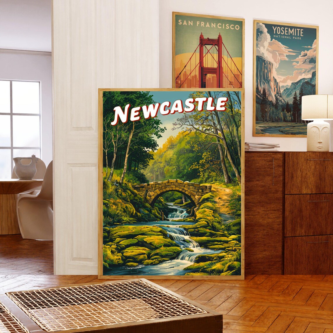 Newcastle Stone Bridge Woodland Stream Waterfall Vintage Travel Poster - Image 5