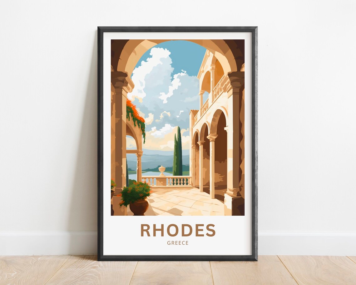 Rhodes Greece Ancient Stone Courtyard Mediterranean Travel Poster