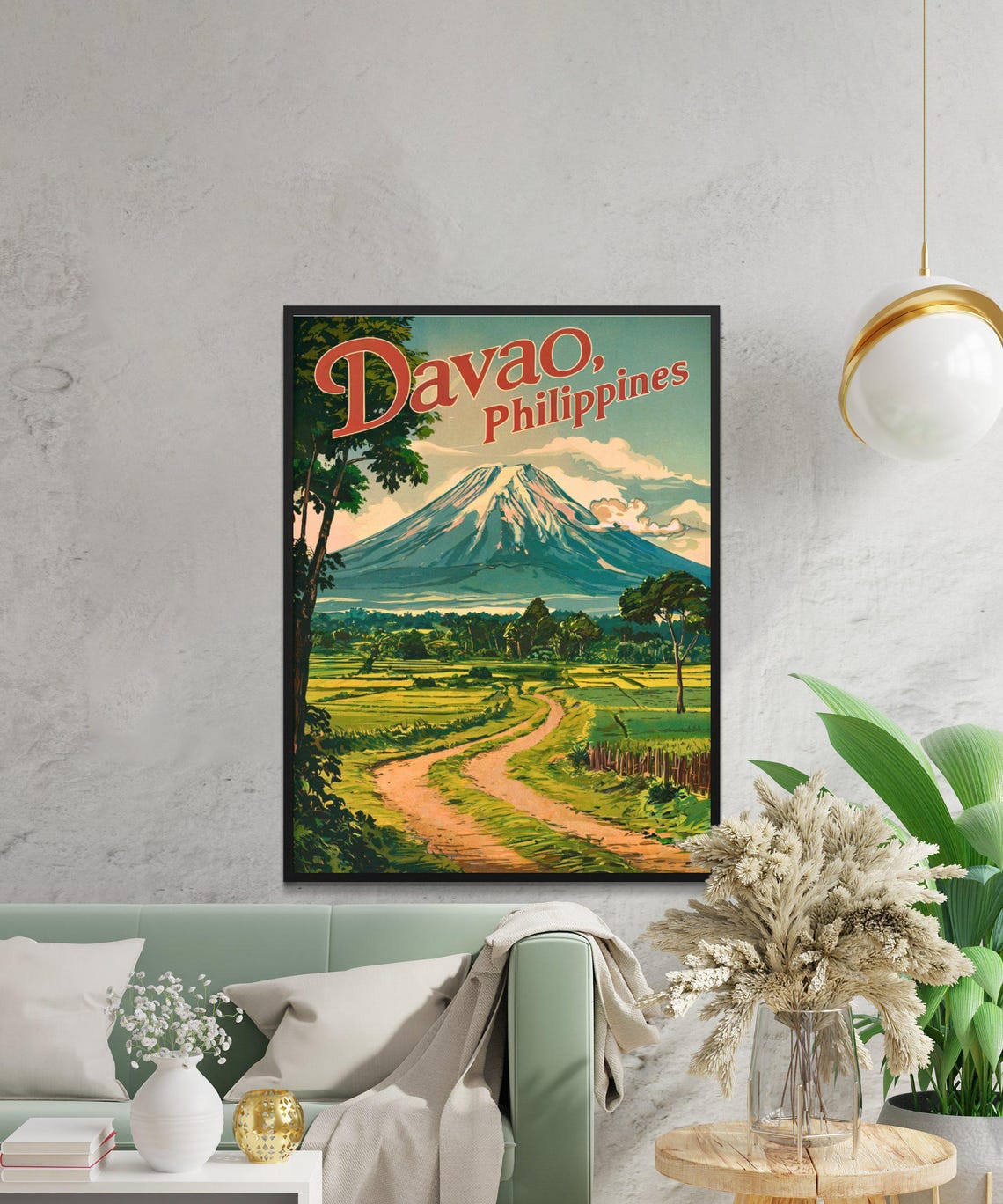 Davao Philippines Vintage Script Volcano Countryside Road Poster - Image 2