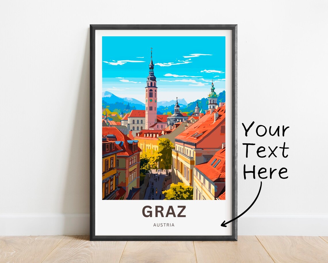 Graz Austria Old Town Street Tall Pink Tower Custom Travel Poster