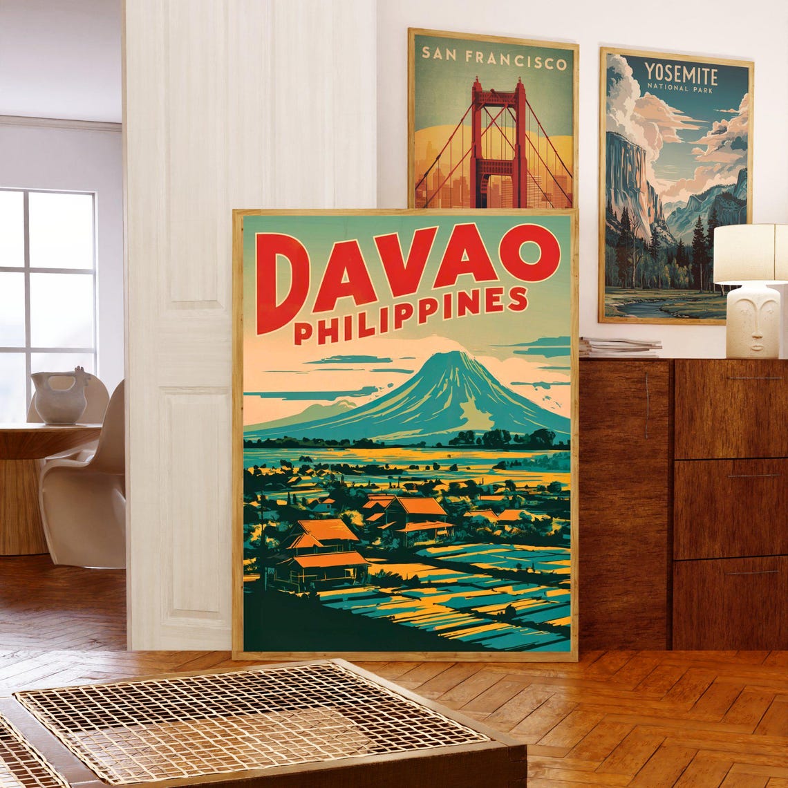 Davao Philippines Vintage Retro Volcano Rice Paddy Sunset Poster - Image 5