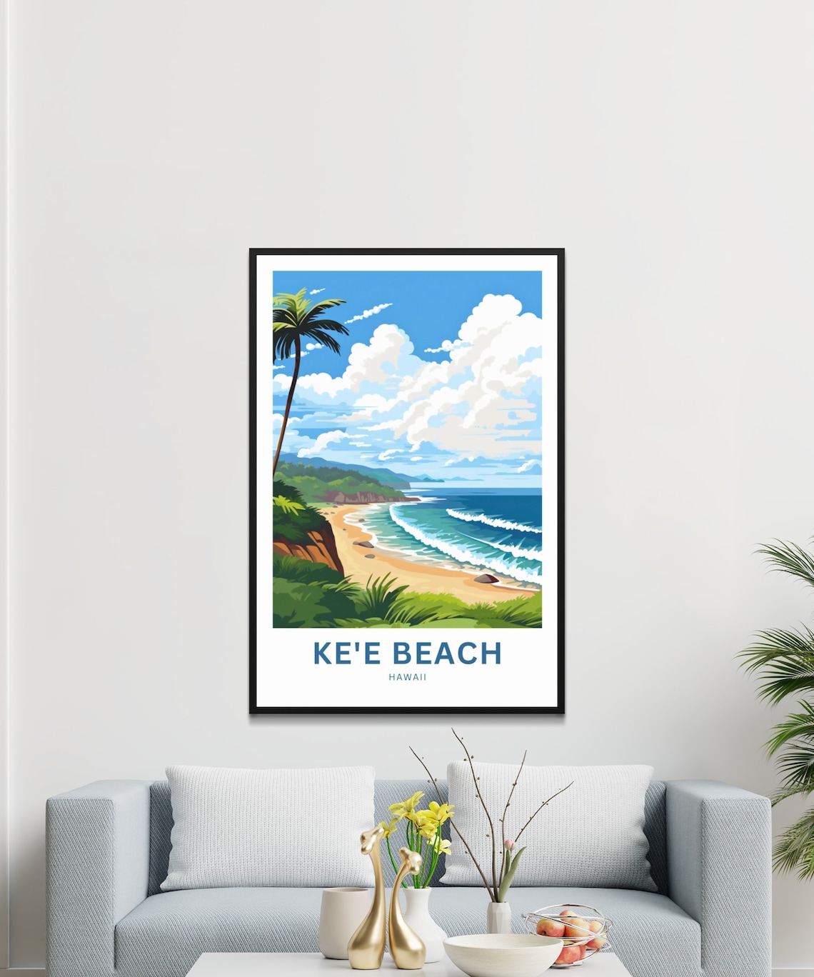 Ke'e Beach Hawaii Golden Sand Surf Palm Tree Tropical Travel Poster - Image 3