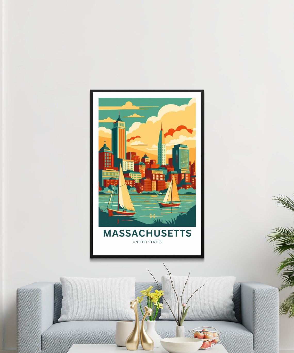 Personalized Massachusetts Boston Skyline Sailboats Retro Poster - Image 3