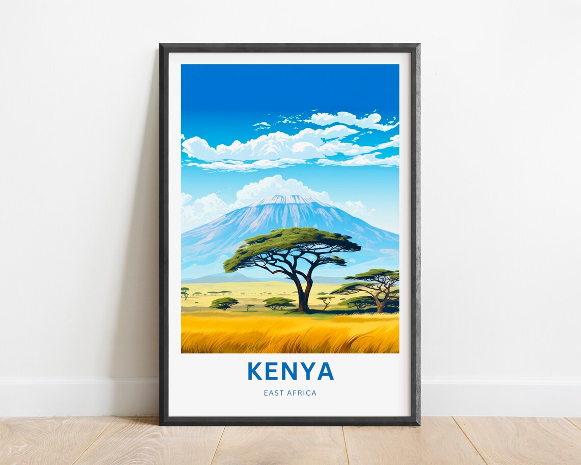 Kenya East Africa Acacia Tree Snow Capped Mountain Savanna Poster
