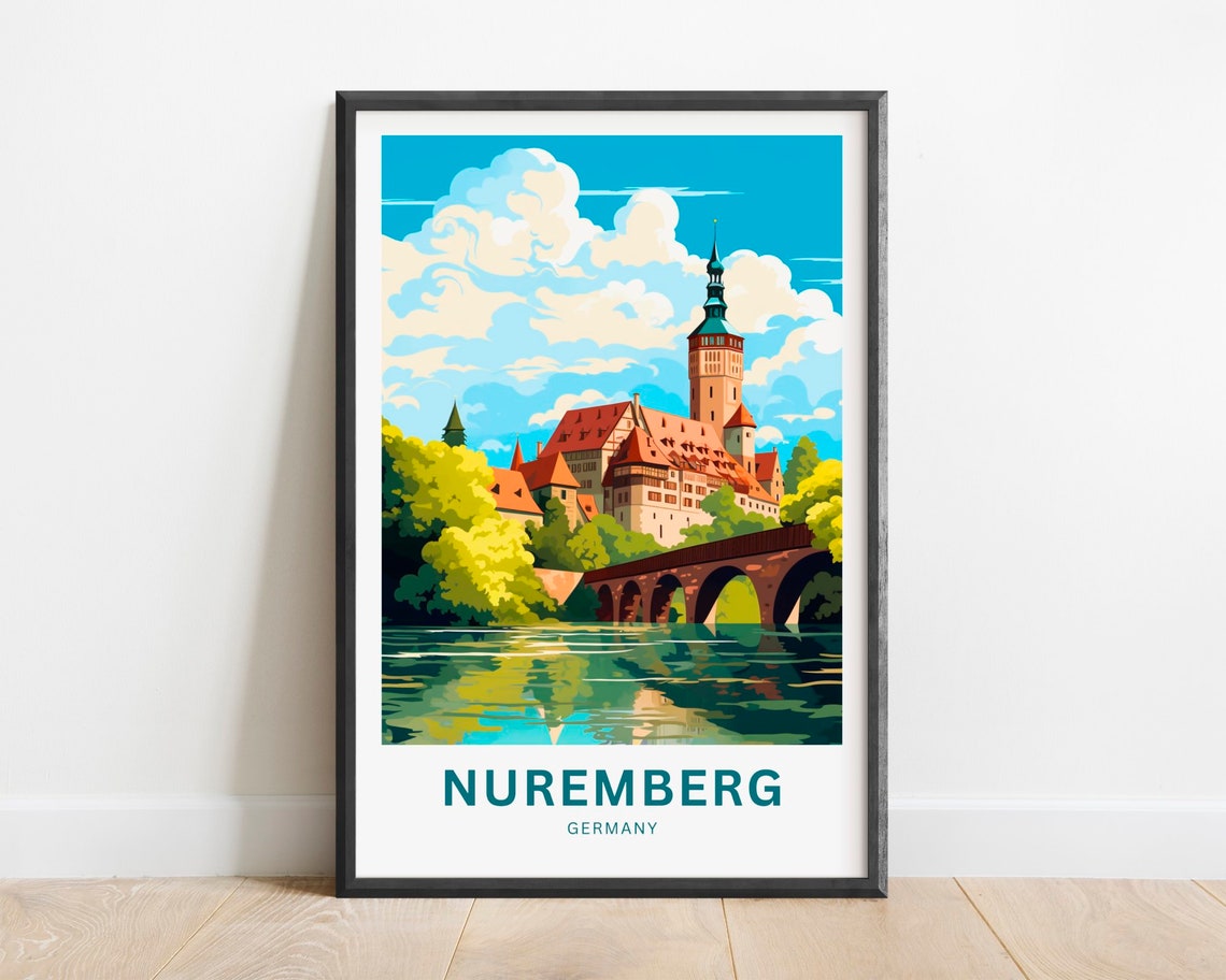 Nuremberg Germany Medieval Castle River Bridge Travel Poster