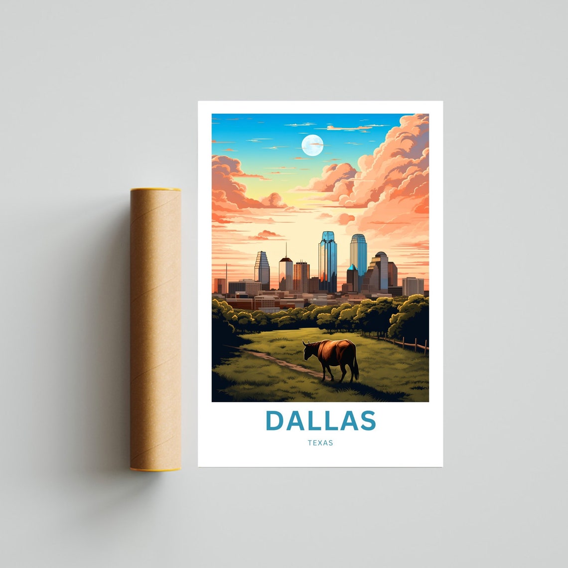 Dallas Texas Skyline Cattle Field Moonlit Night Travel Poster - Image 4