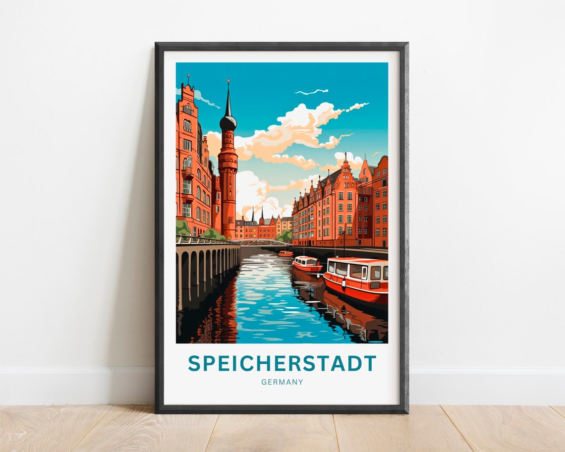 Speicherstadt Germany Canal Boats Red Brick Warehouse Poster