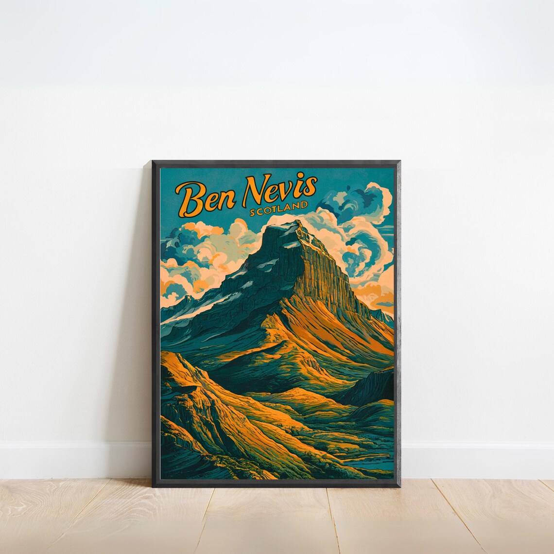 Ben Nevis Scotland Vintage Mountain Peak Clouds Travel Poster
