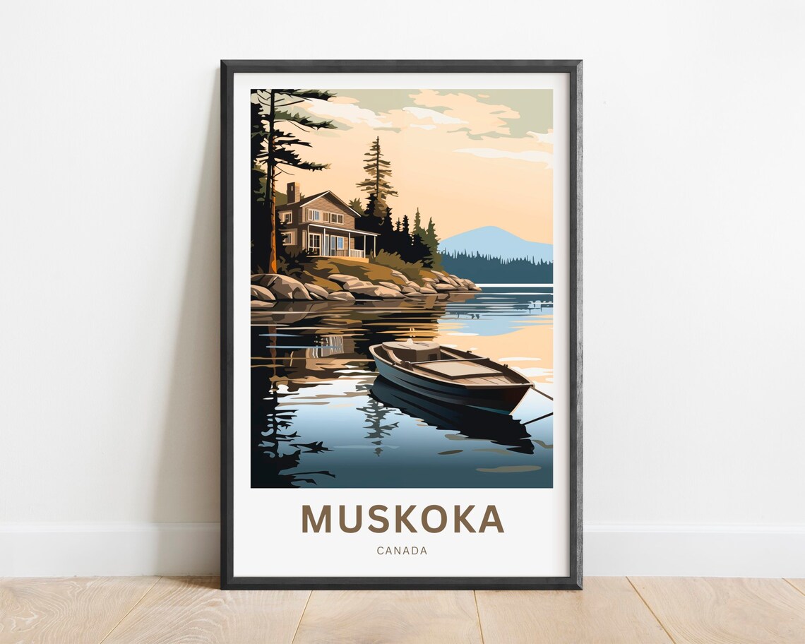 Muskoka Canada Lakeside Cabin Rowboat Vintage Sunset Travel Poster