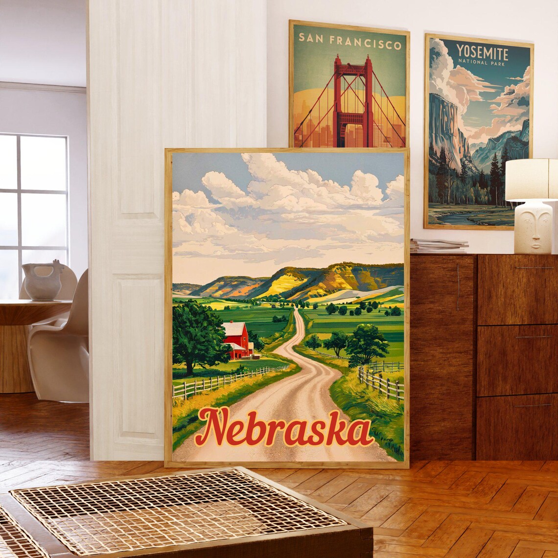 Nebraska Country Road Red Barn Rolling Hills Vintage Art Poster - Image 5