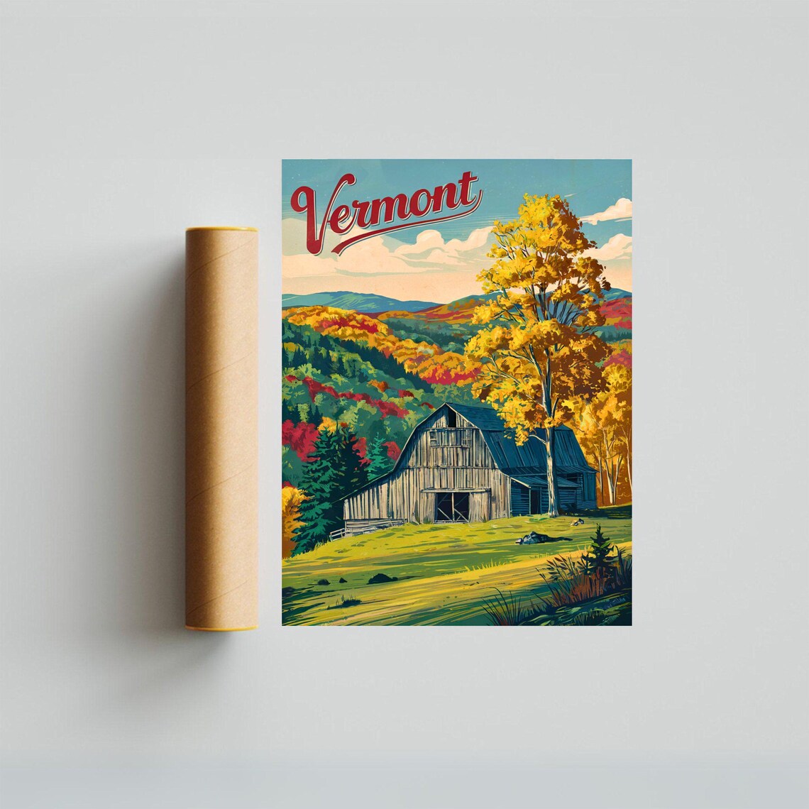 Vermont Fall Foliage Gray Barn Hillside Vintage Travel Poster - Image 3