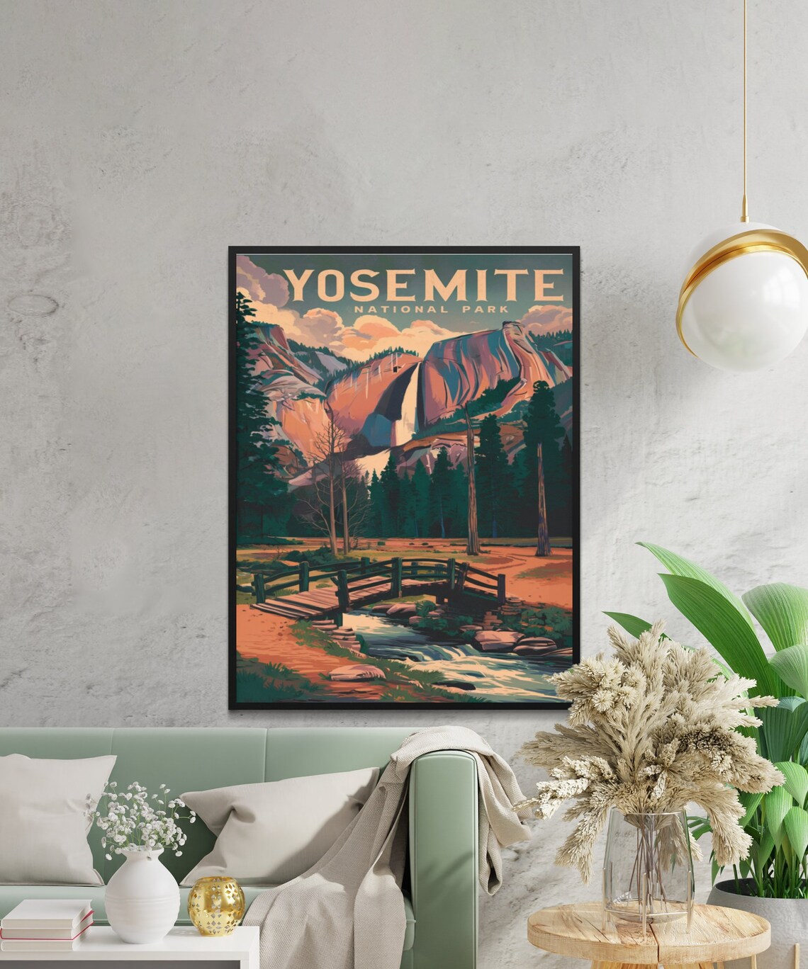 Yosemite National Park Retro Poster with Waterfall Bridge and Sunset - Image 2