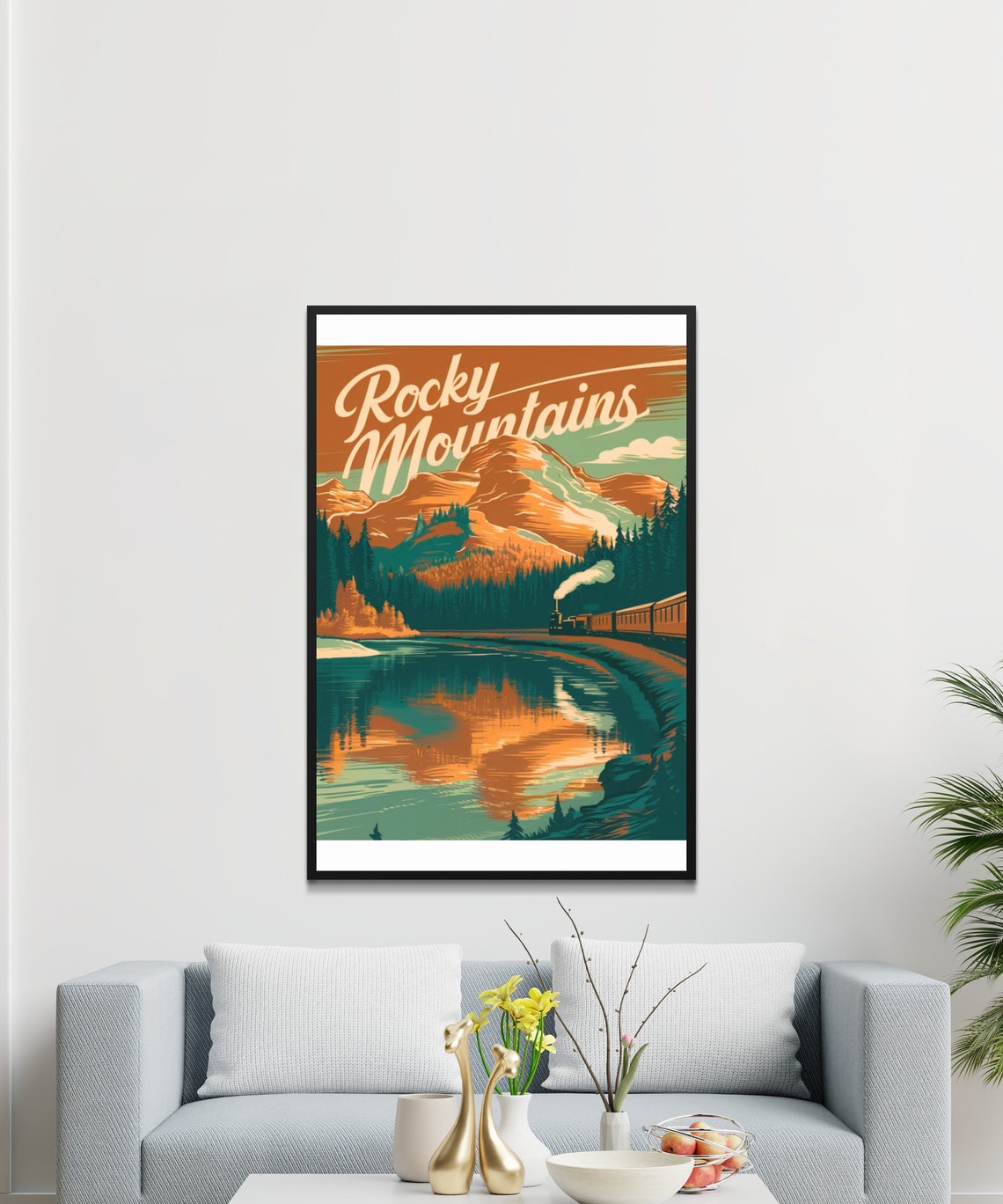 Rocky Mountains Vintage Train Lake Reflection Retro Travel Poster - Image 2