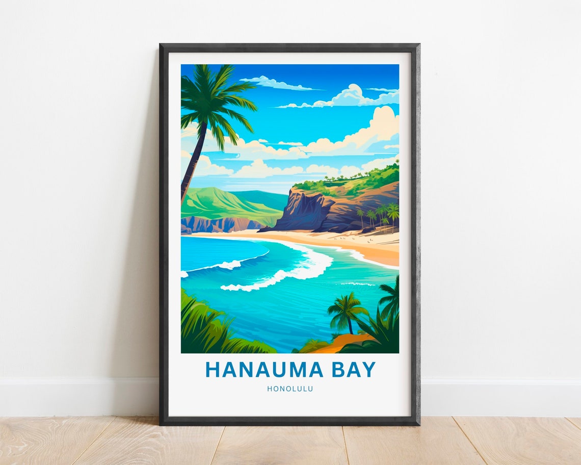 Hanauma Bay Honolulu Travel Poster Tropical Beach Cliffs Ocean Art