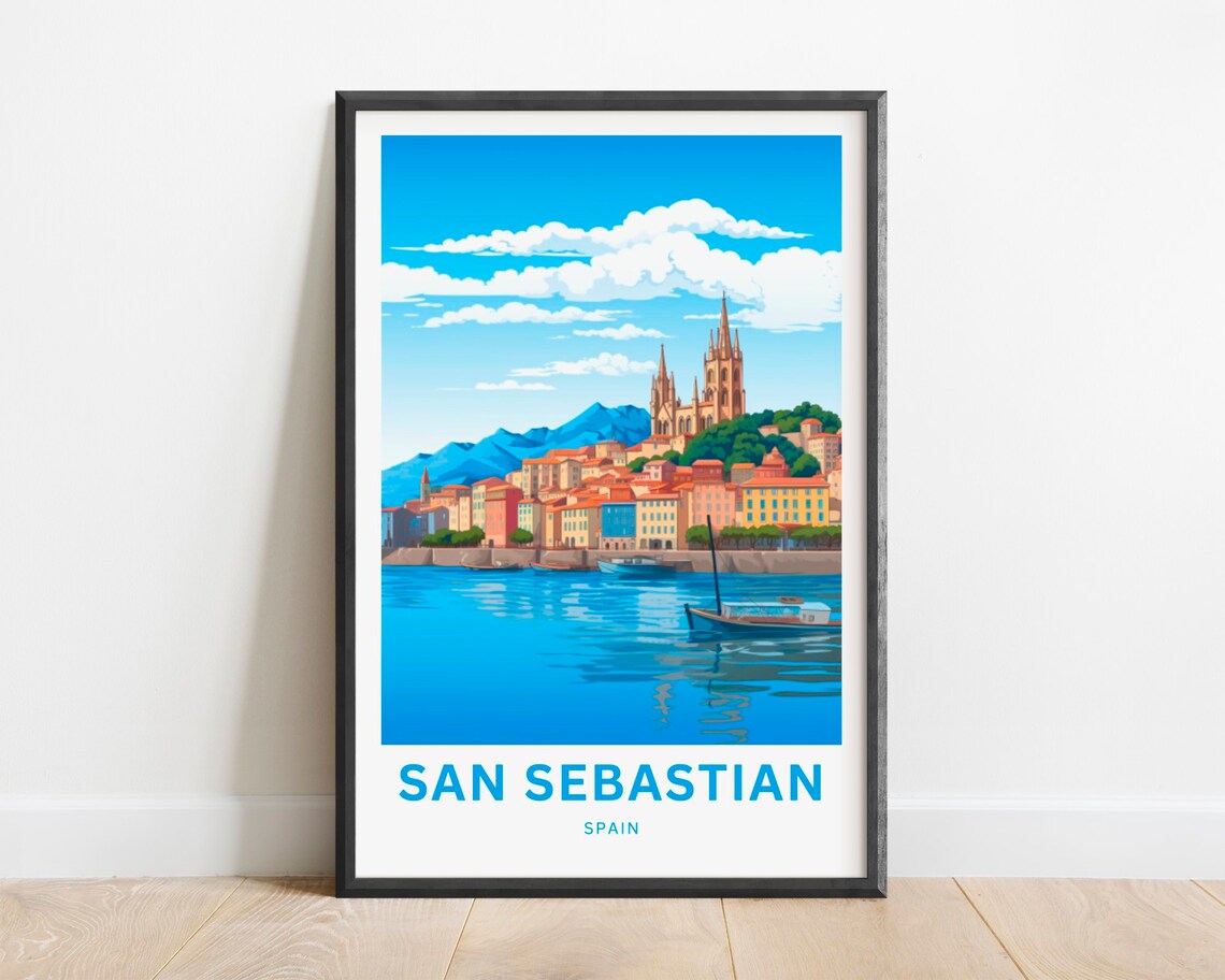 San Sebastian Spain Coastal Old Town Harbor Retro Travel Poster
