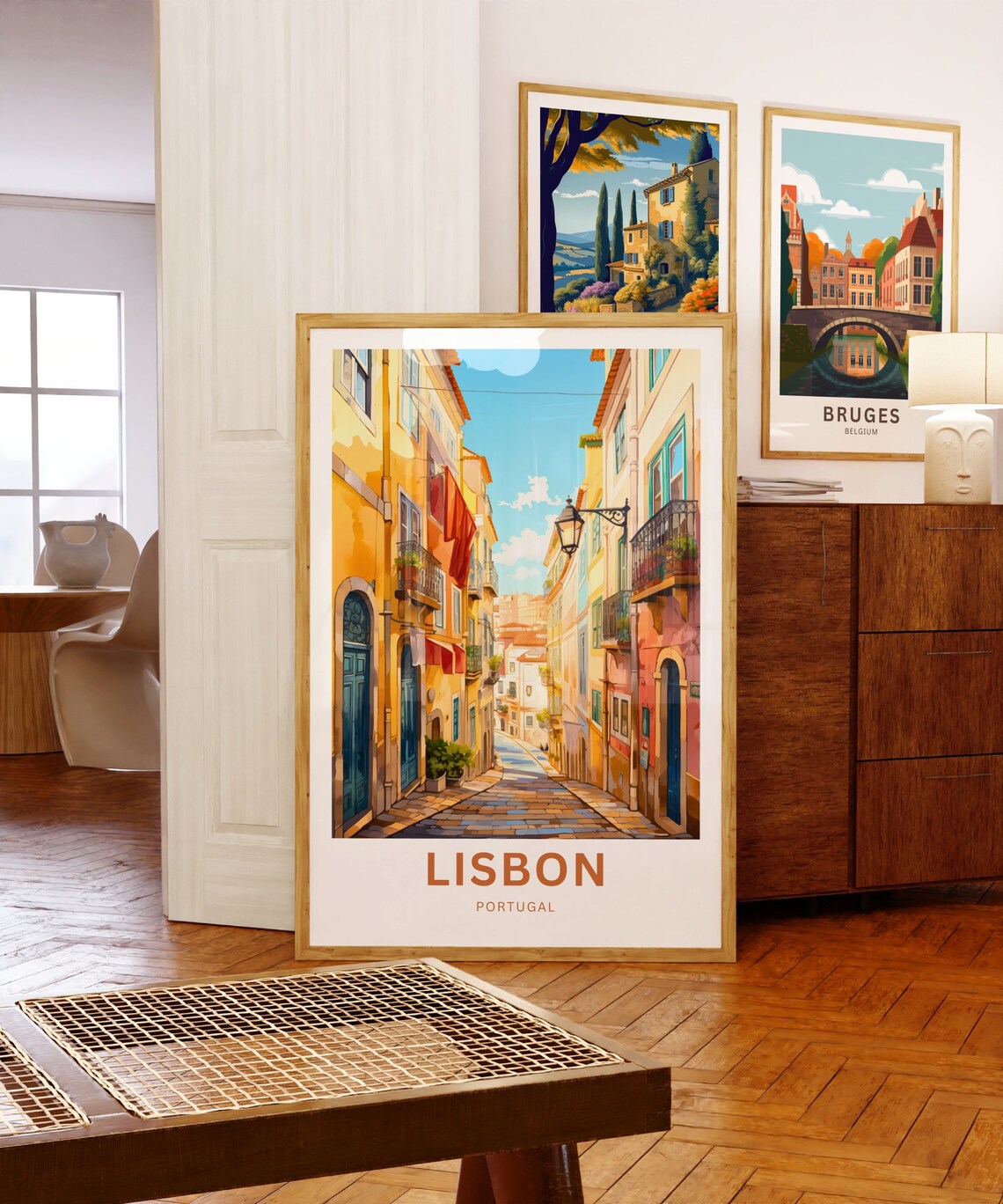 Lisbon Portugal Sunlit Old Street Lamp Posts Vintage Travel Poster - Image 5