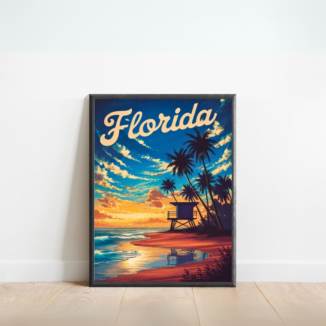 Florida Lifeguard Tower Sunset Palms Beach Vintage Retro Travel Poster