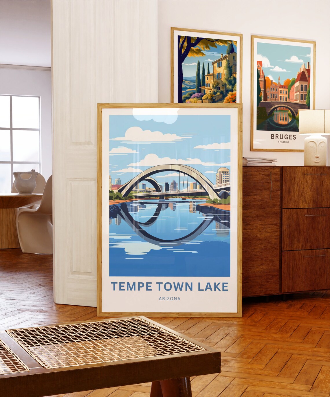 Tempe Town Lake Arizona Twin Bridges Reflection Travel Poster - Image 5