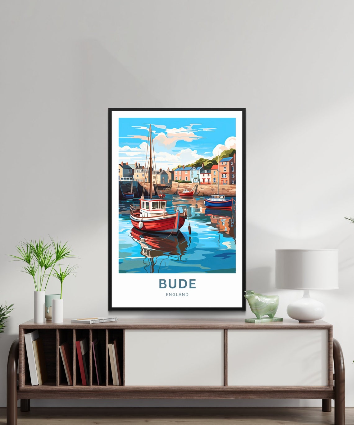 Bude England Harbor Red Fishing Boat Quayside Scene Travel Poster - Image 2
