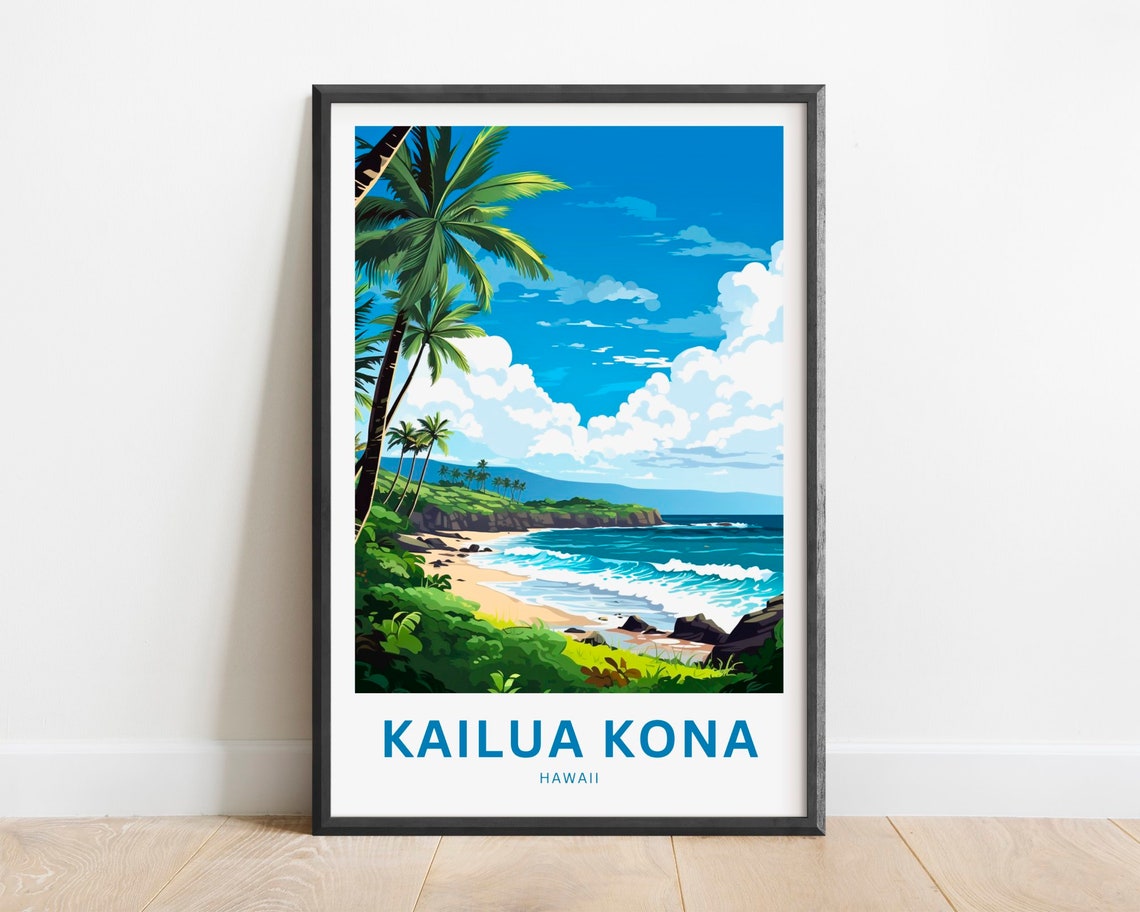 Kailua Kona Hawaii Palm Beach Turquoise Surf Island View Travel Poster