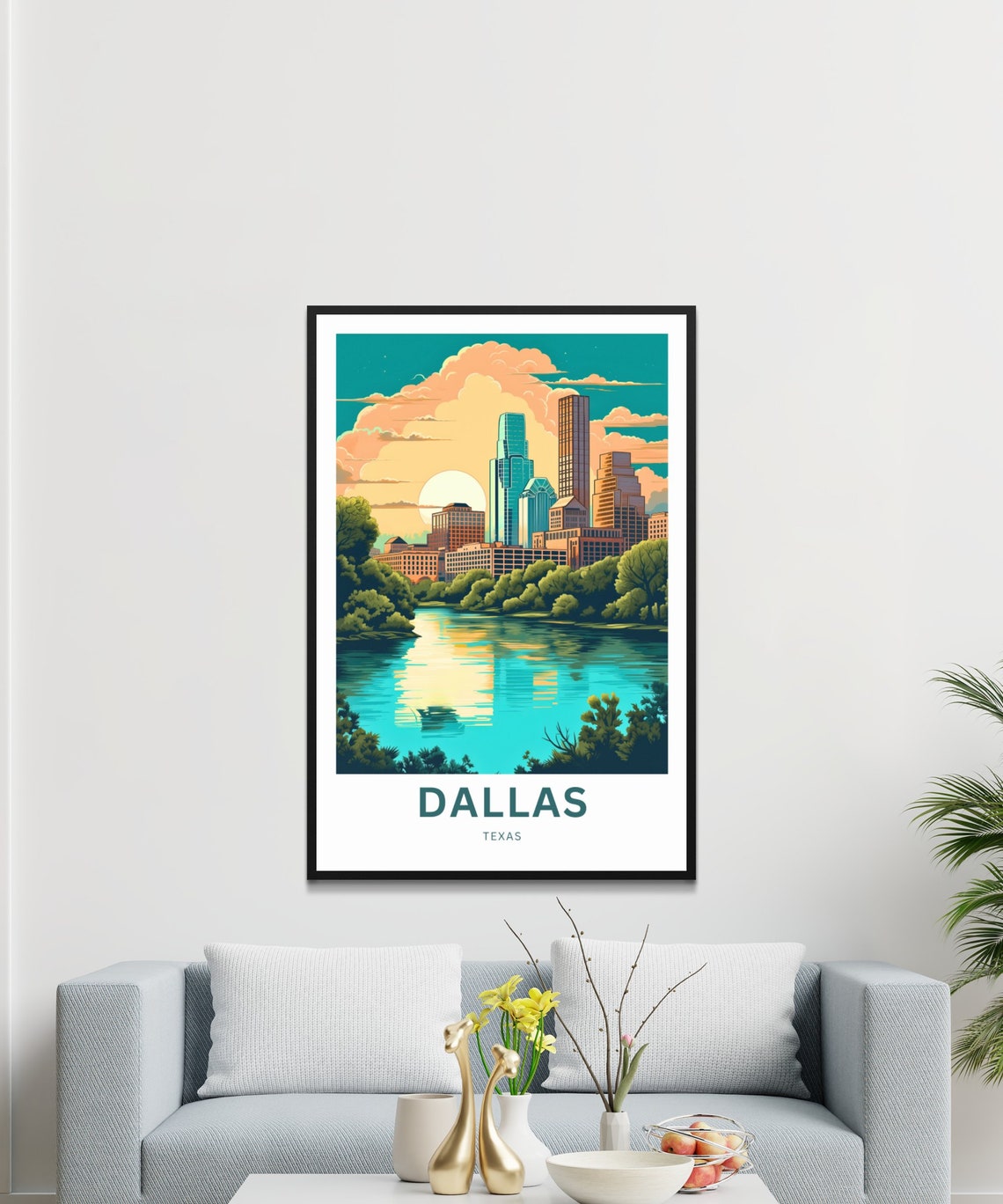 Dallas Texas Skyline River Sunset Golden Reflection Travel Poster - Image 3