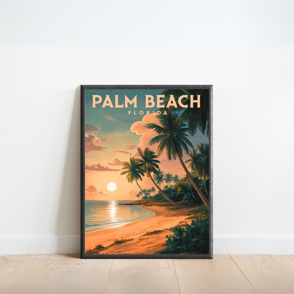 Palm Beach Florida Sunset Calm Cove Palm Row Vintage Travel Poster