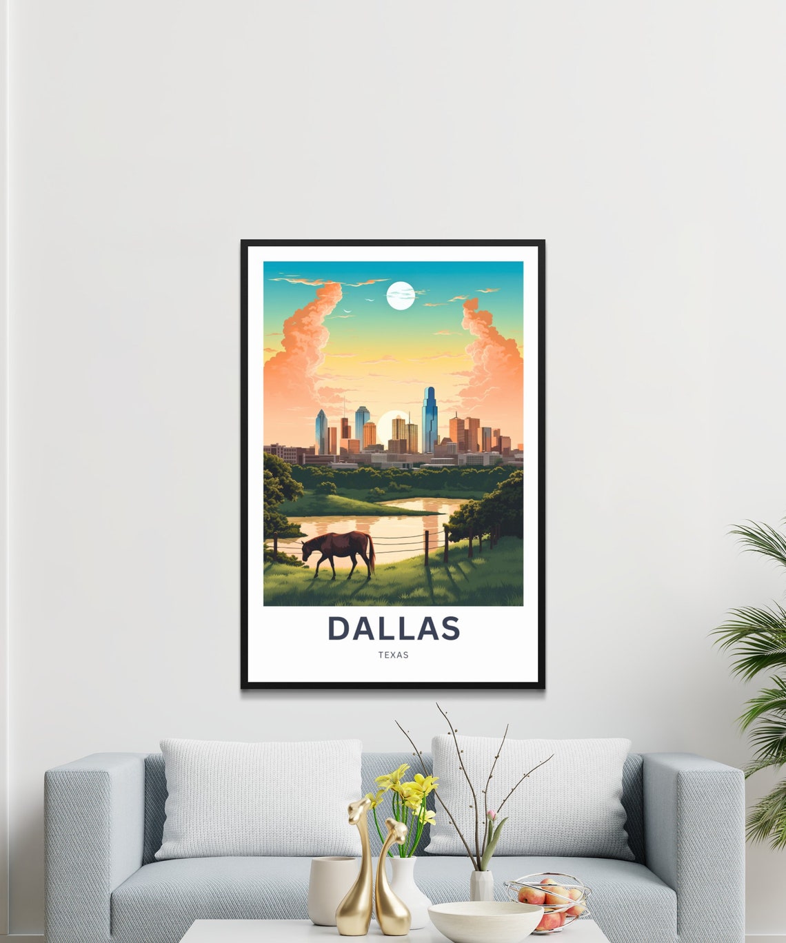 Personalized Dallas Texas Skyline Horse River Moon Travel Poster - Image 3