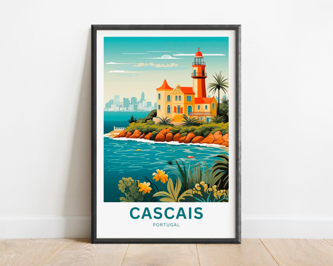 Cascais Portugal Lighthouse Rocky Coast Seaside Travel Poster