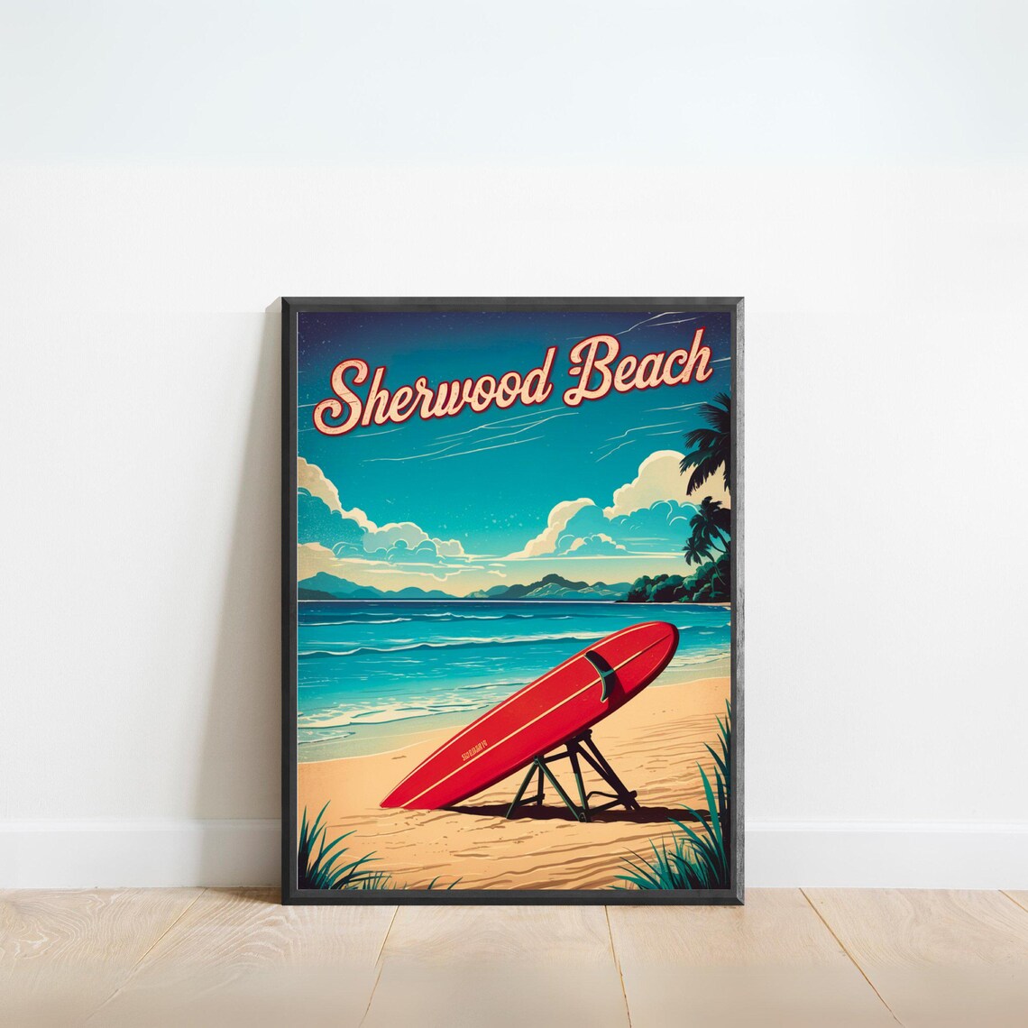 Sherwood Beach Surfboard Retro Vintage Coastal Scene Travel Poster