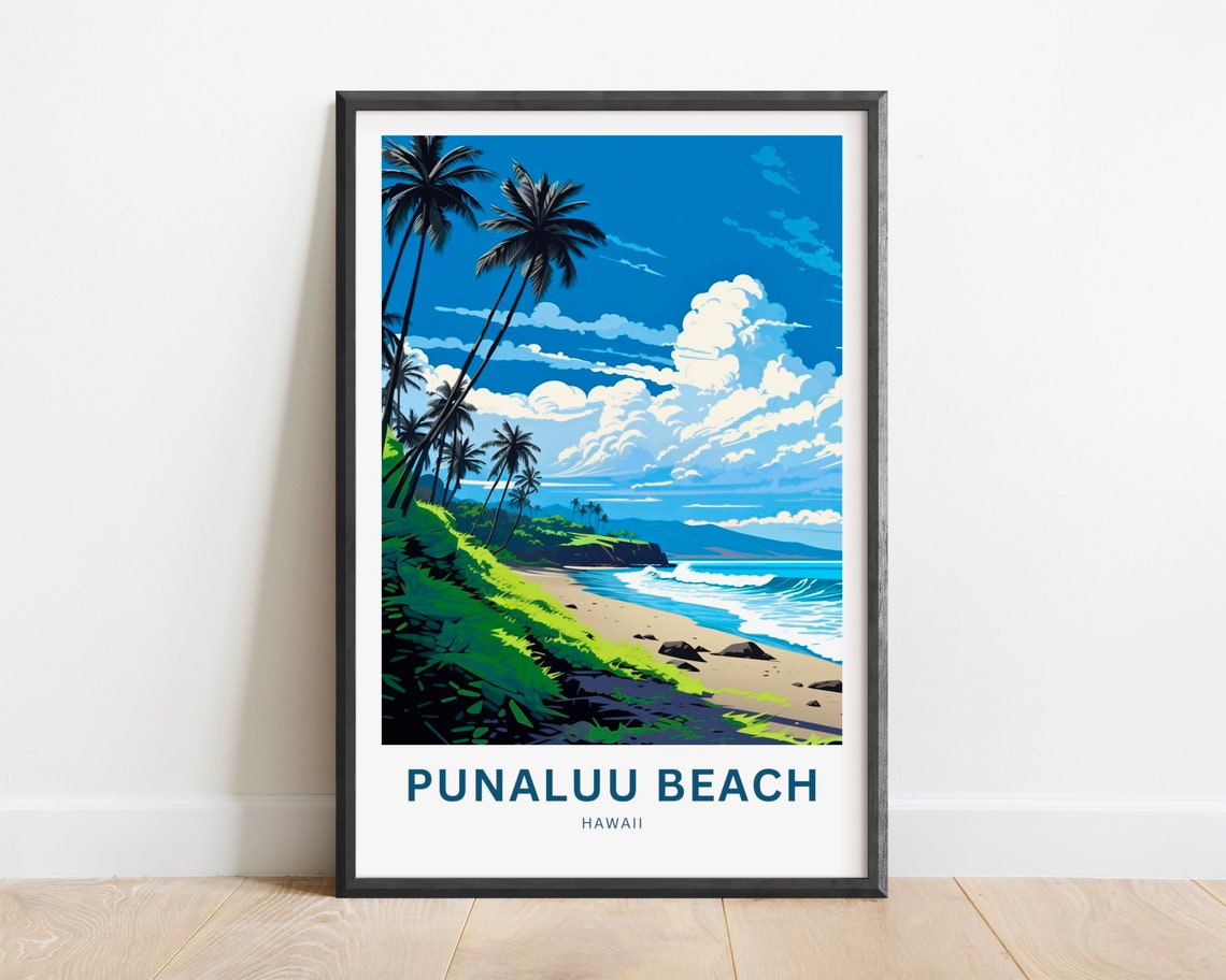 Punaluu Beach Hawaii Palm Trees Volcanic Coast Travel Poster
