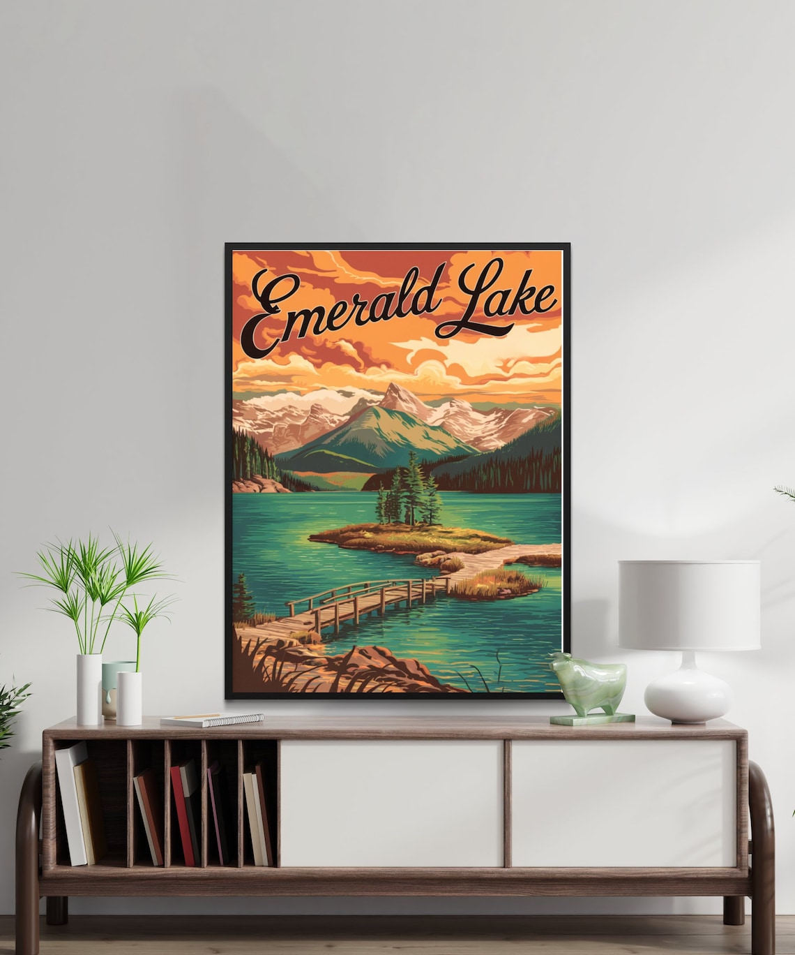 Emerald Lake Sunset Island Wooden Pier Golden Sky Vintage Poster - Image 3