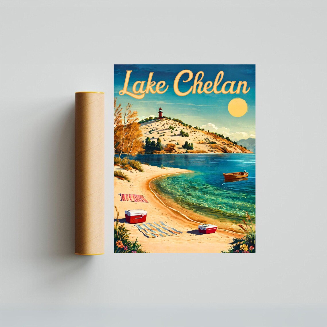 Lake Chelan Washington Vintage Beach Poster Lighthouse Hill Boat Scene - Image 4