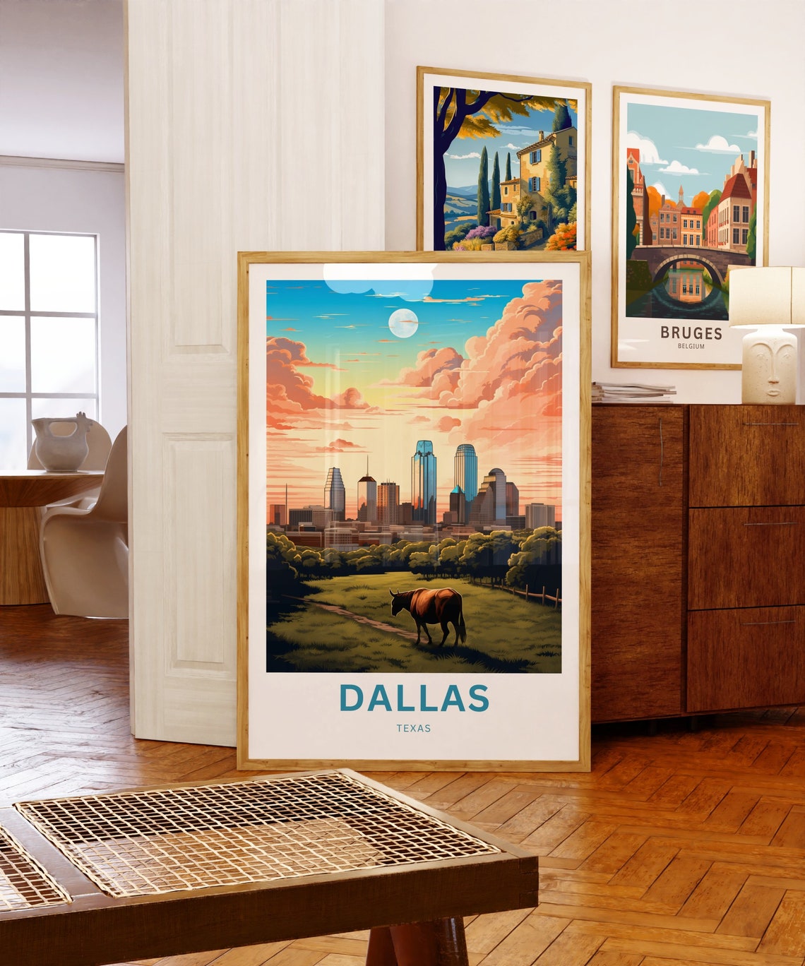 Dallas Texas Skyline Cattle Field Moonlit Night Travel Poster - Image 5