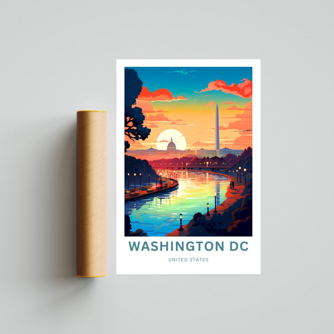 Washington DC Monument Sunset Riverwalk Skyline Travel Poster - Image 4